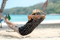 Lifestyle freelance man relax and sleeping on the hammock after using laptop working and relax on the beach.